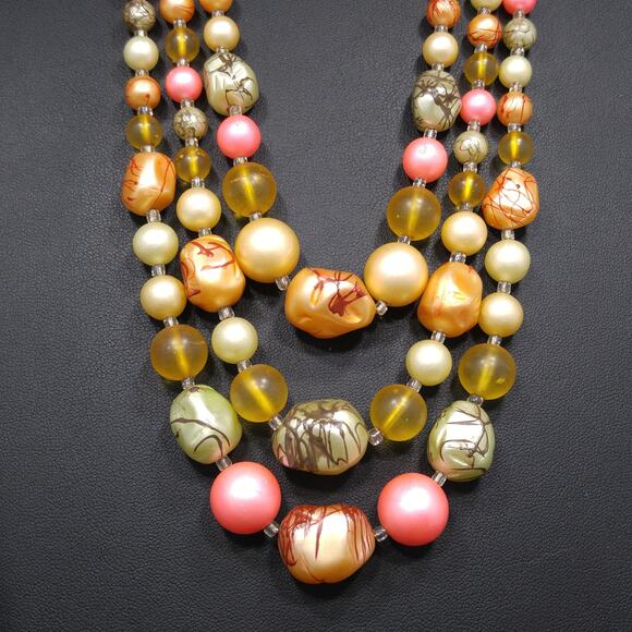 Vintage Japan Art Bead Necklace, Three Strands, 1950s, 17" - Picture 8 of 10